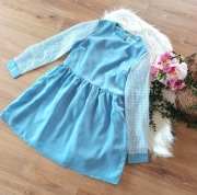 piękna jasnoniebieska sukienka z długim rękawem krótka suknia 40L 38M