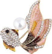Broszka Złota Rybka Perła Cyrkonie Przypinka Pin Kryształki Prezent Gift