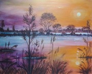 OBRAZ RĘCZNIE MALOWANY PEJZAŻ AKRYLOWY "LAWENDOWA POMARAŃCZ" - 24x30cm