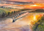 Zachód słońca nad rzeką. original Akwarela A4