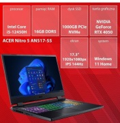 Laptop ACER Nitro 5, 17.3" IPS 144Hz RAM 1TB SSD GeForce RTX4050 Windows 11