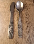 Vintage stare 2szt rosyjskie sztućce dla dzieci nóż łyżka PRL stal nierdz 