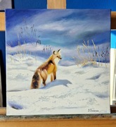 Lis, zimowy pejzaż, obraz olejny piękna struktura, 30x30cm