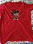 T-shirt bawełniany Lahti M czerwony haft afrykańska kobieta drzewo 50% ceny