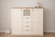 Komoda barek kredens szafka regał, ecru + dąb,  145 x 142 x 42
