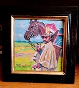 PORTRET UŁANA Z KONIEM -OBRAZ OLEJNY NA PŁÓTNIE, -J. Kossak 28X26