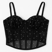 Czarny top gorsetowy z siateczki i cyrkoniami kolorowymi