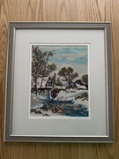 Młyn zimą, obraz wykonany haftem krzyżykowym