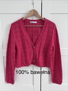 Zara różowy malinowy kardigan krótki ozdobne guziki ażurowy 100% bawełna