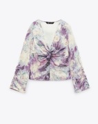 Zara Fioletowy Top z Nadrukiem i Efektem Satyny  Rozmiar XS 34