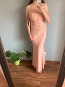 Wieczorowa sukienka maxi długa studniówka pudrowa nowa z koronką syrena