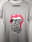 Długa koszulka damska M szara t shirt tunika nadruk usta