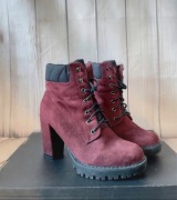 Bordowe botki wiązane na obcasie słupku rozmiar 38