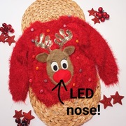 Sweterek świąteczny świecący nos renifer 98 puchaty miękki czerwony cekiny