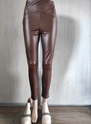 Spodnie damskie brązowe z eko skóry, ocieplane, wysoki stan