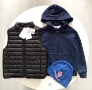 H&M Zestaw KAMIZELKA + BLUZA 110/116 Czarna pikowana + Czapka NOWA