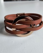 Bransoleta skórzana wielowarstwowa brązowa z ozdobnym kółkiem na magnes