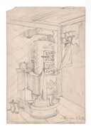 Rysunek pieca żeliwnego wnętrze 1893 styl Biedermeier  szkic realistyczny.