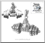 Srebrna duża ręka z hantlą męska zawieszka hantel ciężarek siłownia