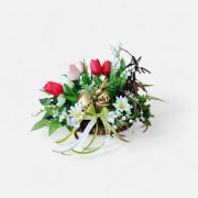 Stroik wielkanocny na stół 26 cm, złoty zajączek, tulipany