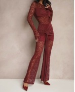 RENEE Komplet z Koronki z trenem Spodnie z Bluzką Bordowy 36 S
