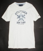 TOMMY HILFIGER_Cudna BLUZKA_T-shirt biała LOGO w szarościach_S