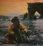 kowboj ognisko koń i pies passepatrout pleksa rama drewno 66 x 99 cm