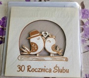 Kartka na 30 Rocznicę Ślubu Drewniana Laserowa Ptaszki Cyrkonie + Koperta