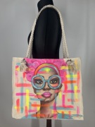 Duża bezowa płócienna torba plażowa shopperka kobieta ręcznie malowana