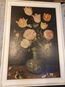 Martwa natura kwiatów - stary obraz na desce