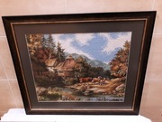 Obraz w ramie  65x55 cm – haft gobelinowy pejzaż rękodzieło Krajobraz wieś
