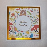 Kartka na urodziny dla dzieci leśne zwierzęta lis miś kwiaty