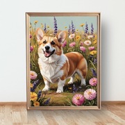 Plakat Welsch Corgie wśród kwiatów A3 (30x40)