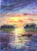 Zachód słońca w lagunie. Akwarela original A4