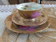 Chodzież róże bordo złocony zestaw filiżanka+talerzyk na ciasto i talerz.