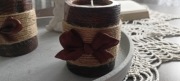 Świecznik drewniany rustykalny handmade boho juta dekoracja.Zestaw 2 sztuk.