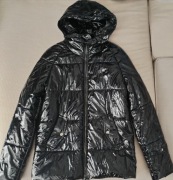 FAN LEATHER puchowa KURTKA EKO PUCH z kapturem LAKIEROWANA połysk S M 36 38