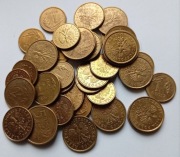 Monety 1, 2, 5 groszy z różnych roczników, obiegowe, różny stan, 40 sztuk