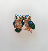 Broszka nowa cyrkonie sowa sówka sowy niebieska zielona 