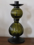Duży świecznik VINTAGE 24,5cm – Oliwkowe szkło – Mid-Century Modern