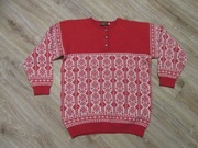 CREEM CLUB sweter czerwono-biały wzór norweski 100% wełna _ XS