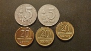 zestaw monet litewskich 2 szt 5 centai i 3 szt 20 centu