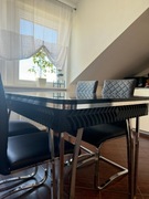 Nowy stół do jadalni, czarny blat, srebrne nogi, 150cm+35cm rozkładany