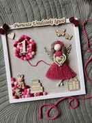 Aniołek na roczek anioł stróż w ramce prezent na pierwsze urodziny makrama