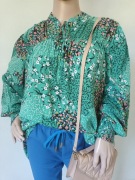 Damska zielona bluzka w kwiaty, ściągacz rękaw, luźny rękaw, r XL/42 M&S