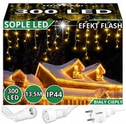 Kurtyna świetlna sople LED 300 białe ciepłe  13,5 m długości efekt flash