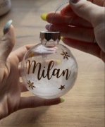 Bombka akrylowa personalizowana złoty napis i białe pióra