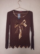 Brązowa bluzka z koralikami i cekinami prześwitująca siateczka tiul rozm s