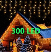Lampki zewnątrzne sople 300 LED ciepłe flash girlanda 12 m kurtyna