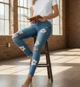 Jeansy flowers push up premium denim - kwiatowe aplikacje XS